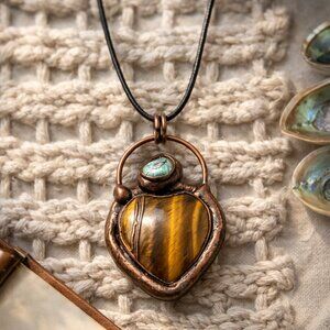 Boho Chic Copper Heart Pendant Necklace | Genuine Tiger's Eye & Abalone Shell